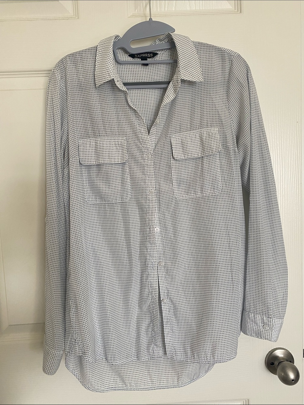 Express White Button-Down Shirt with Blue Micro Dot Pattern